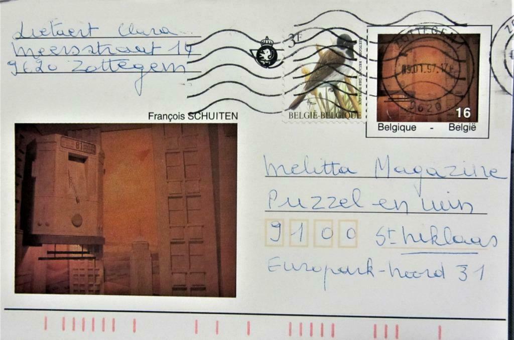 GELE BRIEFKAART- FRANCOIS SCHUITEN, Ophalen of Verzenden, Gelopen, Overige thema's