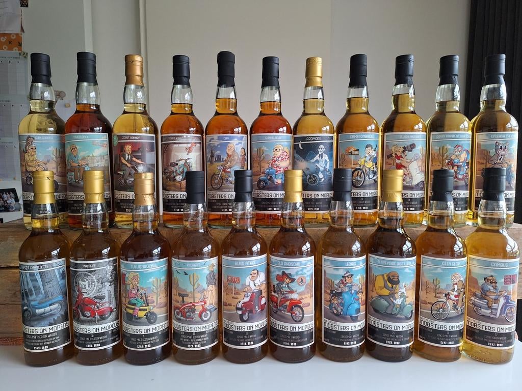 Mobsters on Mopeds whisky 25 stuks - complete serie brommers, Verzamelen, Wijnen, Ophalen