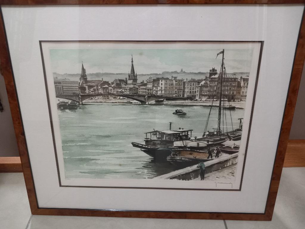 Oevers van de Maas in Luik 62cmx53cm, Ophalen of Verzenden