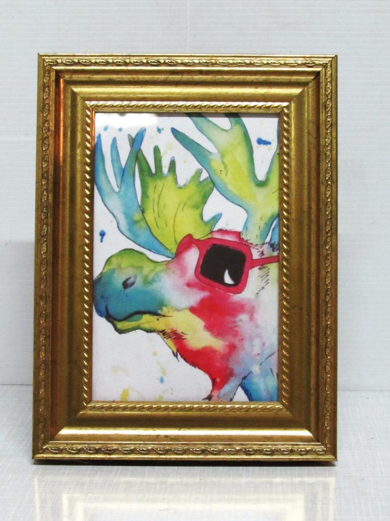 Aquarel schilderij van een (Hert met Bril) met kader, Ophalen of Verzenden