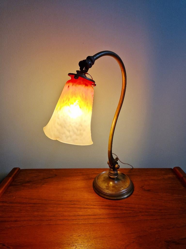 Schneider Art Deco bureaulamp in brons en tulp, 1920, Antiek en Kunst, Ophalen of Verzenden