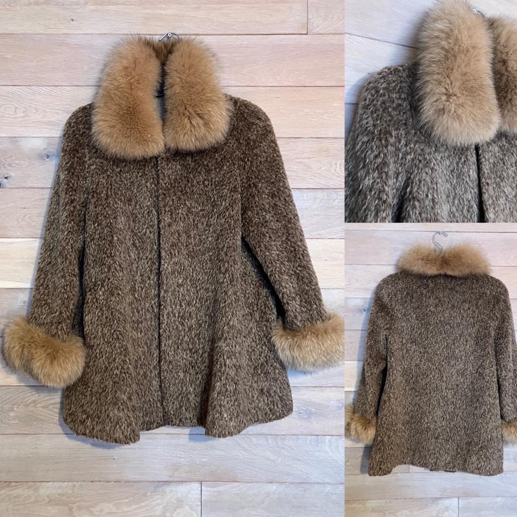 Vintage jas met pelskraag - gemêleerde bruin -/ taupe tint, Ophalen of Verzenden, Zo goed als nieuw, Maat 36 (S), Bruin