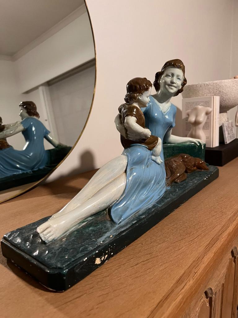 Art-Deco polychroom gipsen beeld Vrouw met kind - Arnova 293, Ophalen of Verzenden