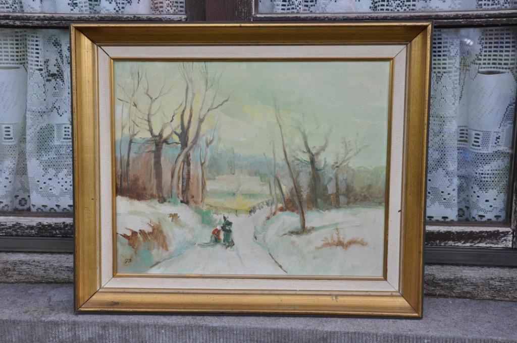 § peinture sur toile paysage de neige  signée J.D.cadre bois, Antiquités & Art, Enlèvement ou Envoi