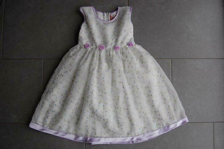 Feestkleedje-gebroken wit+pastel afwerking+bloemetjes-5jaar, Ophalen of Verzenden, Gebruikt, 110 t/m 116, Meisje
