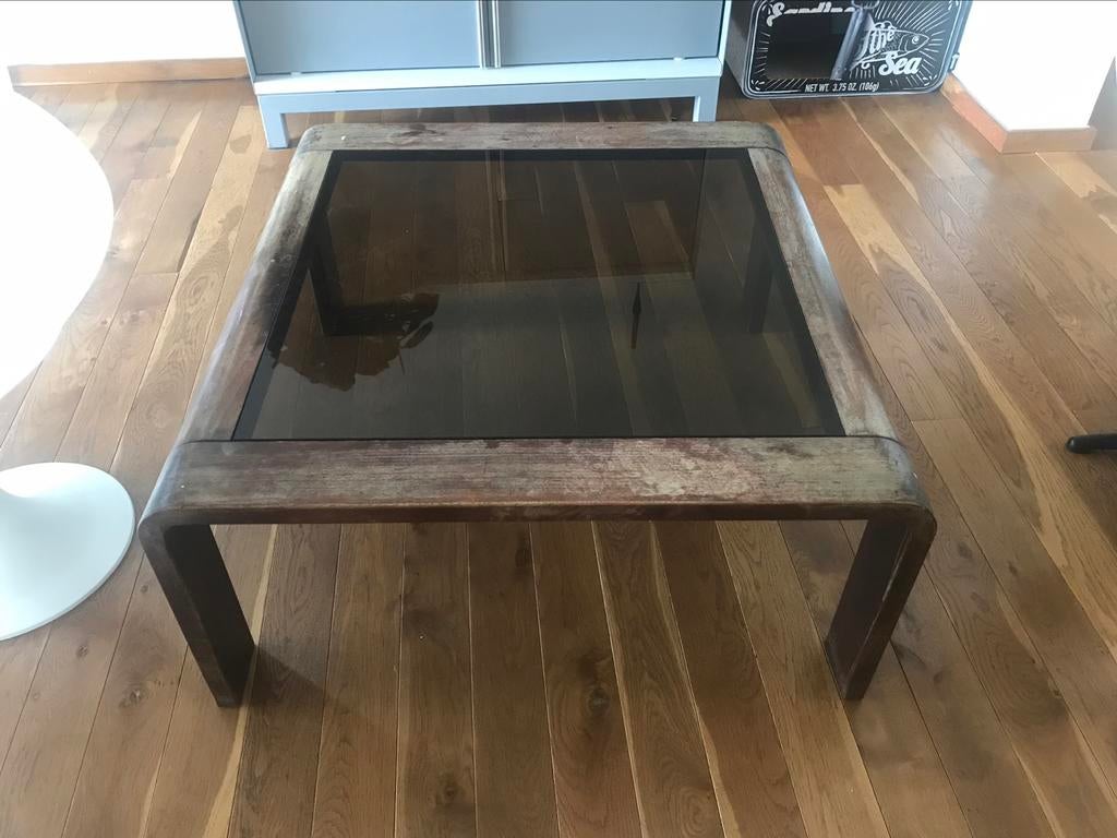 Table basse en verre avec bois, Vintage, 50 à 100 cm, Carré, Verre