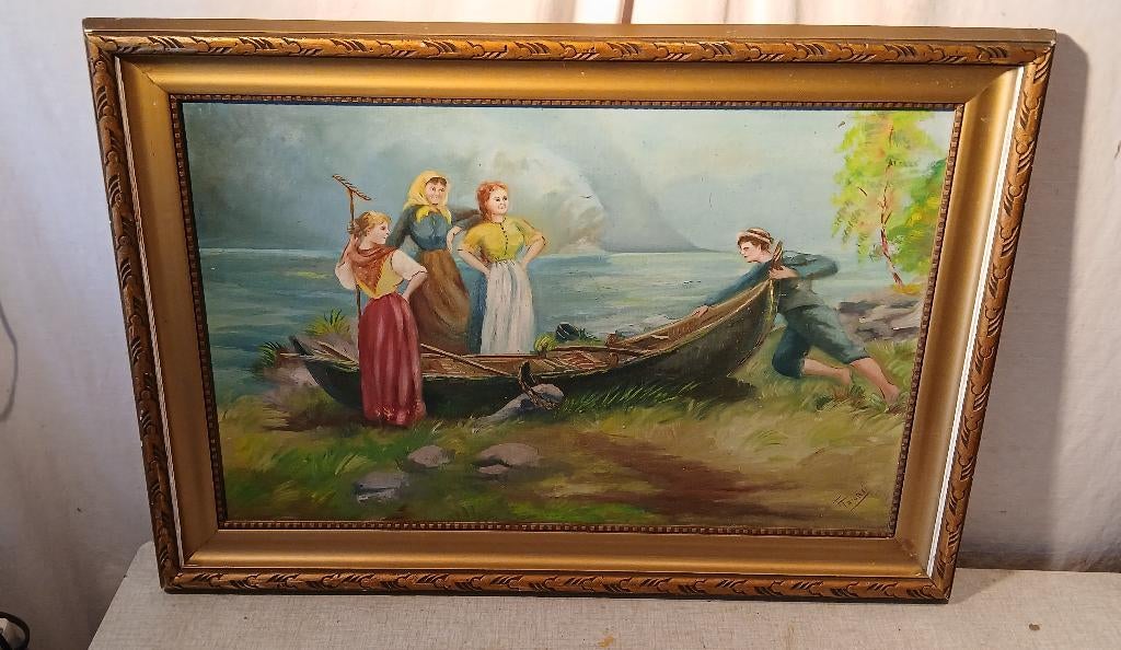 Oud Geschilderd Werk 'Op weg met de Roeiboot' - Tomasi, Ophalen of Verzenden