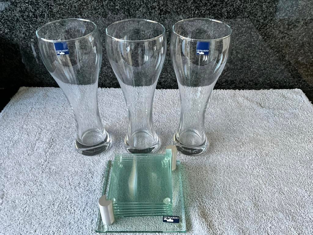 3 grote witbier glazen en onderzetters Leonardo, Verzamelen, Ophalen, Zo goed als nieuw