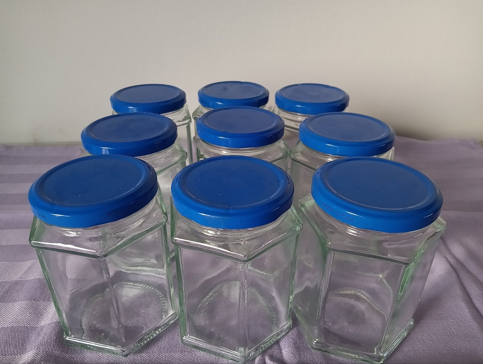 9 bocaux à confiture hexagonaux avec couvercles bleus, Enlèvement