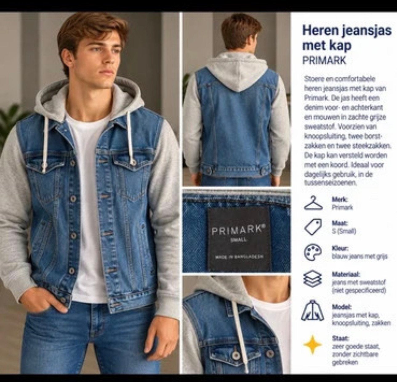 heren jeansjas met capuchon – Maat S, Kleding | Heren, Verzenden, Zo goed als nieuw, Maat 46 (S) of kleiner, Blauw
