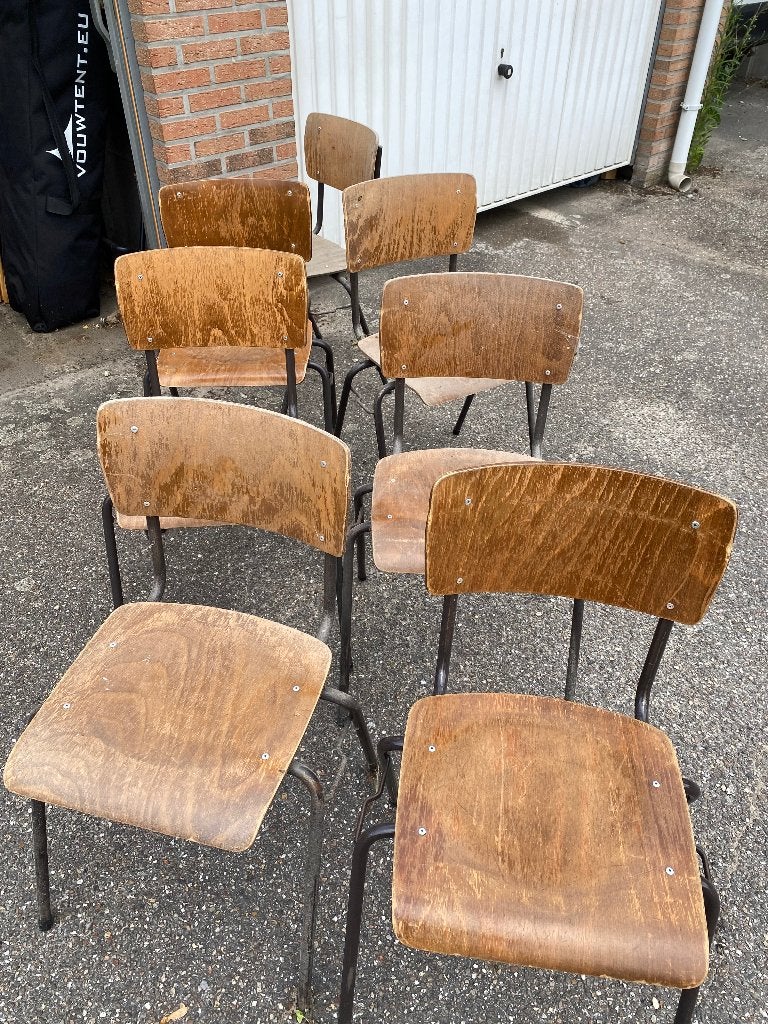 Schoolbank stoelen, Maison & Meubles, Chaises, Enlèvement, Utilisé, Bois, Cinq, Six Chaises ou plus