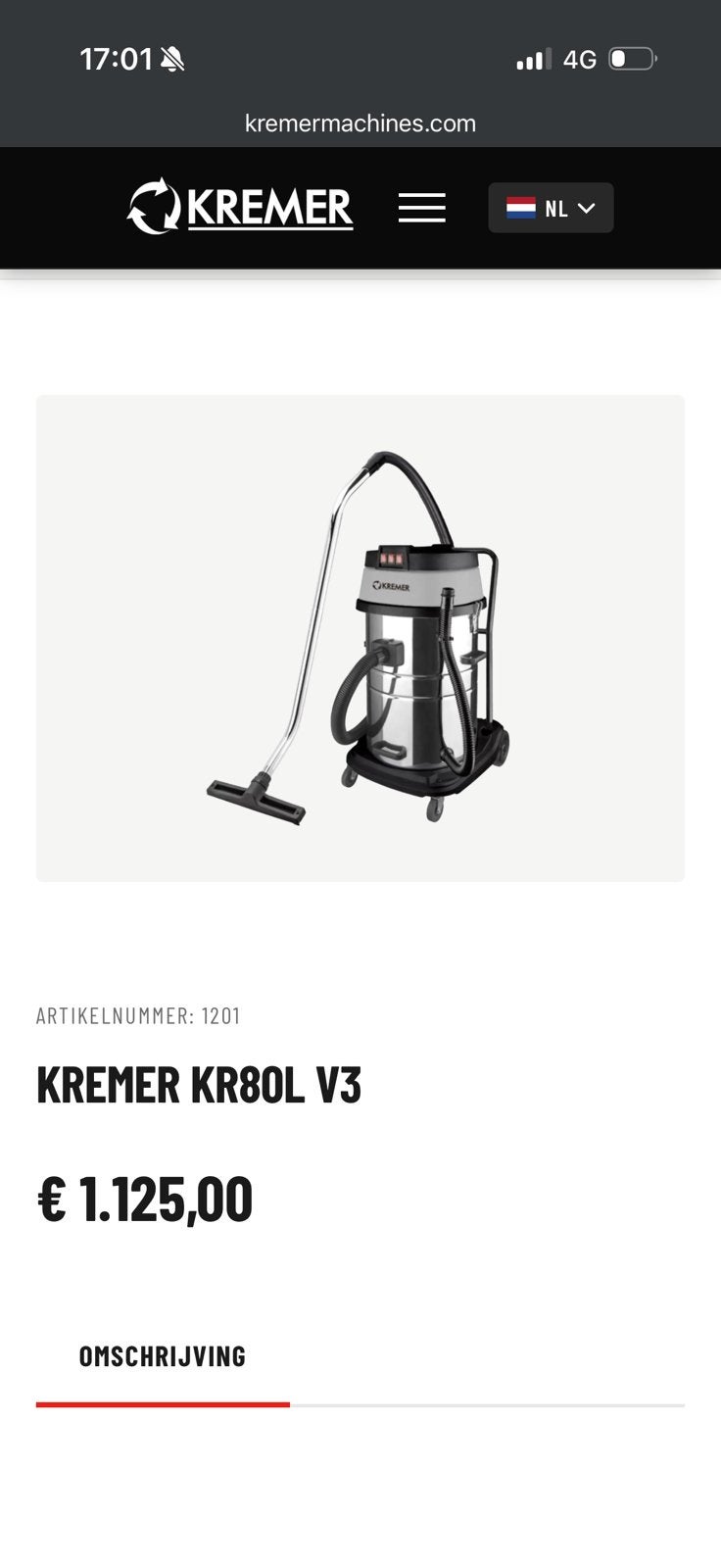 Aspirateur industriel sec et humide Kremer KR80L-3, Enlèvement, Comme neuf, Aspirateur d'eau