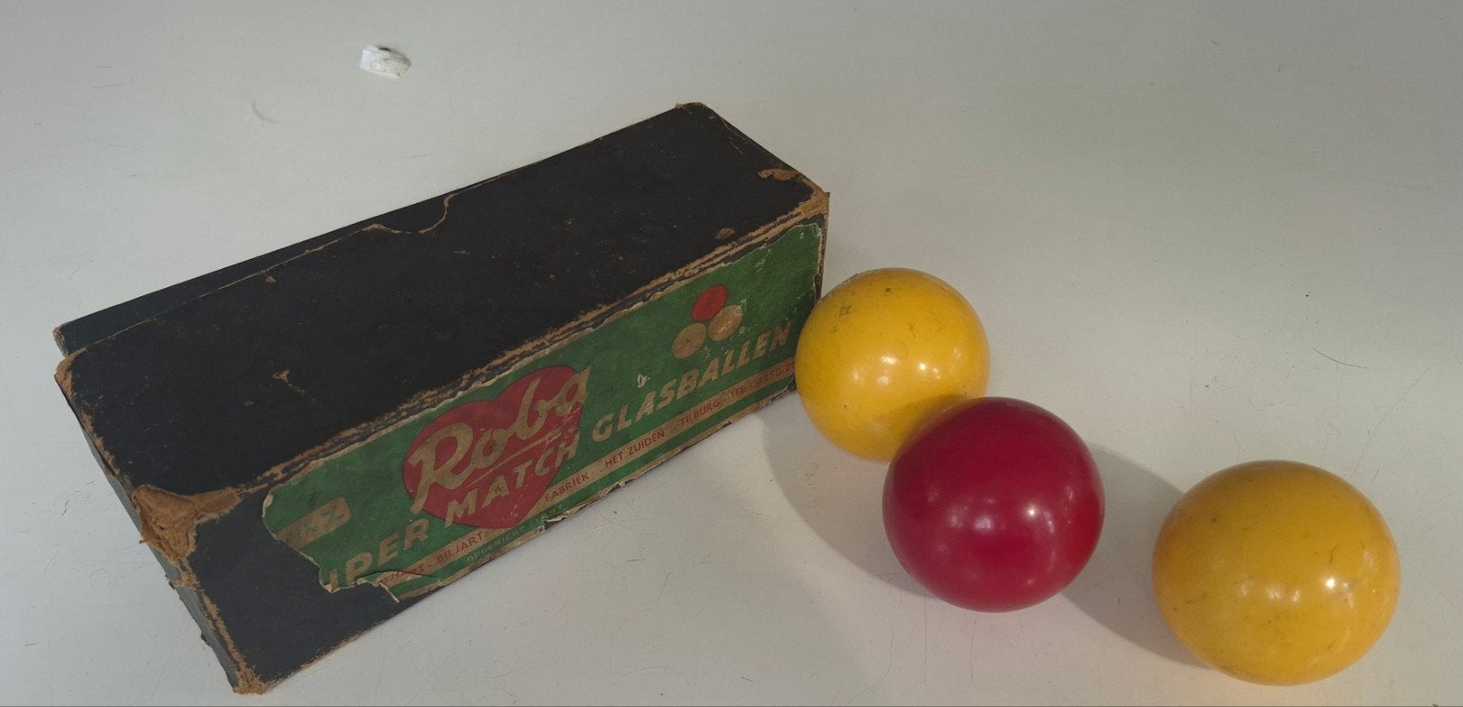 Drie glas biljartballen in kartonnen doos, Verzenden, Gebruikt, Keu of Ballen