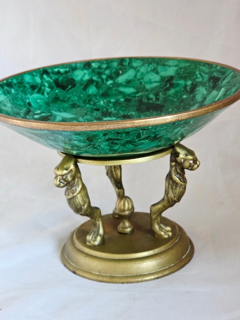 Vintage malachieten schaal op bronzen driepoot stand, Antiek en Kunst, Ophalen of Verzenden