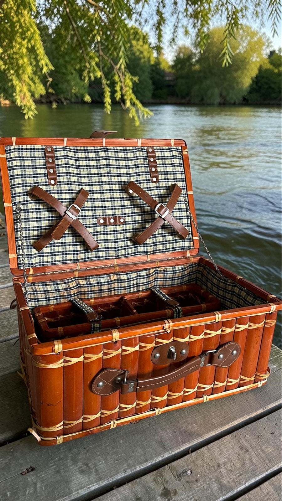 Vintage Bamboe Picknickmand / Koffer met lederen details, Ophalen of Verzenden, Gebruikt
