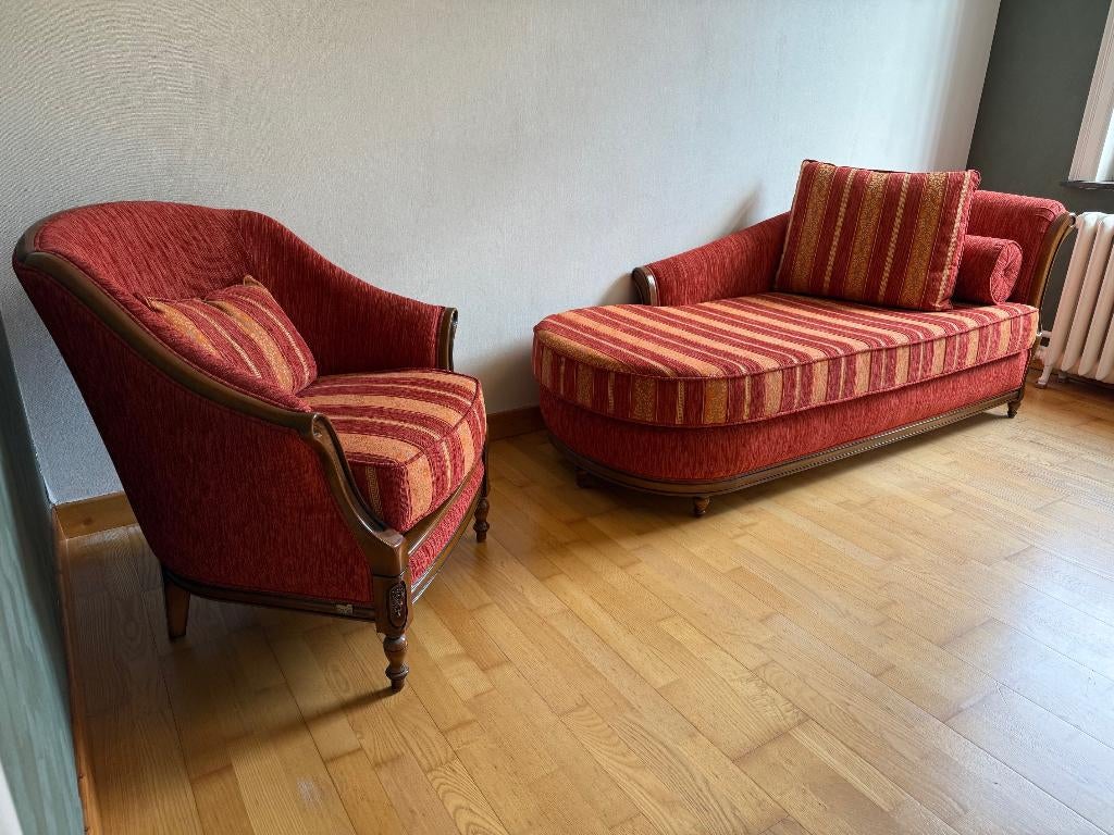 Superbe méridienne en merisier avec fauteuil, Maison & Meubles, Trois personnes, Moins de 75 cm, 150 à 200 cm, Comme neuf