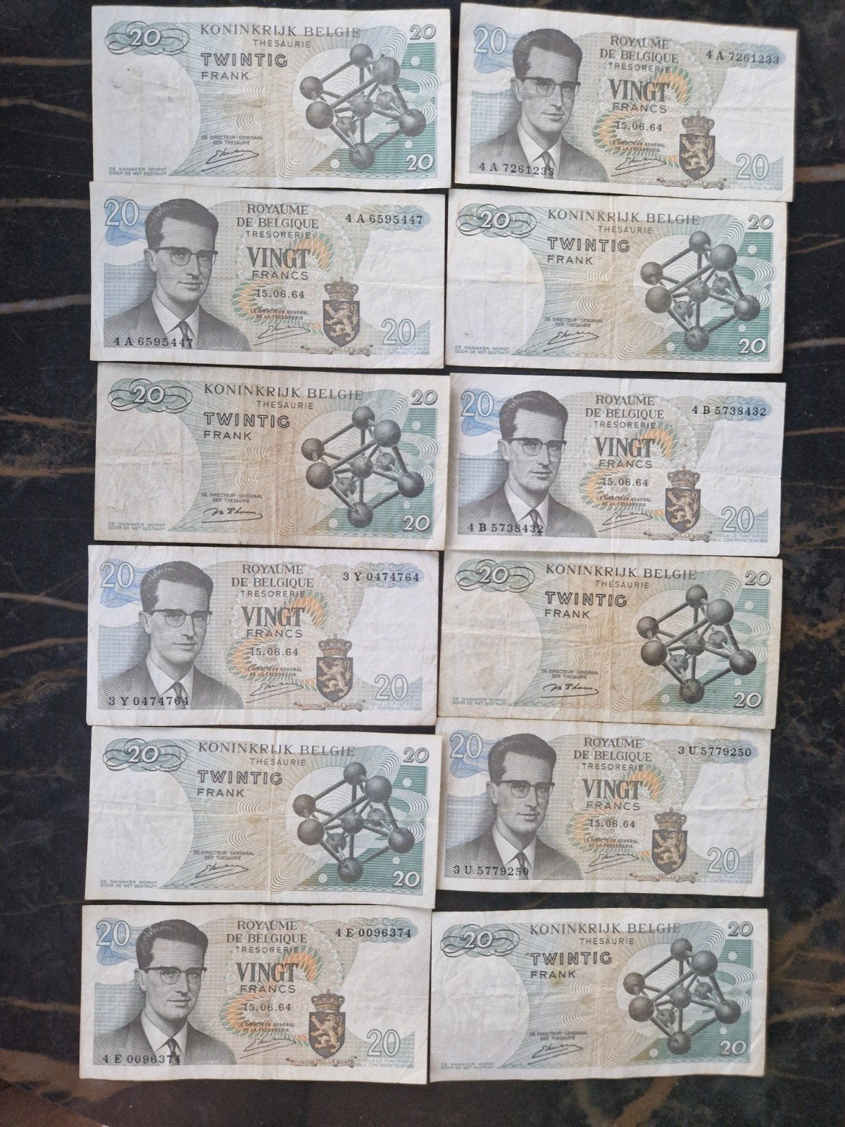 Lot van 12 Belgische bankbiljetten – 20 Belgische frank 1964, Postzegels en Munten, Ophalen, Setje
