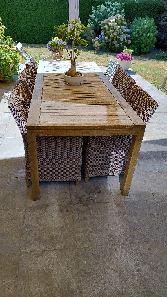 Teak tuintafel met 6 Wicker stoelen, Ophalen, Gebruikt, Teakhout, 8 zitplaatsen