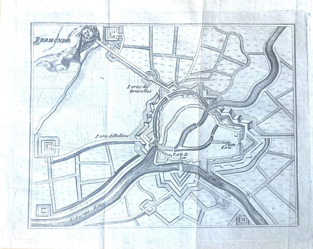 Gravure vestingsplan Dendermonde - ca 1750 Harrewijn, Antiek en Kunst, Kunst | Etsen en Gravures, Gravure, Blanco verso, Met tekst