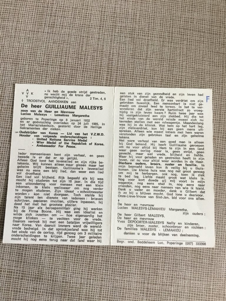 Soldaat paracommando Korea G.Malesys Poperinge +1985, Verzamelen, Bidprentjes en Rouwkaarten, Verzenden, Bidprentje