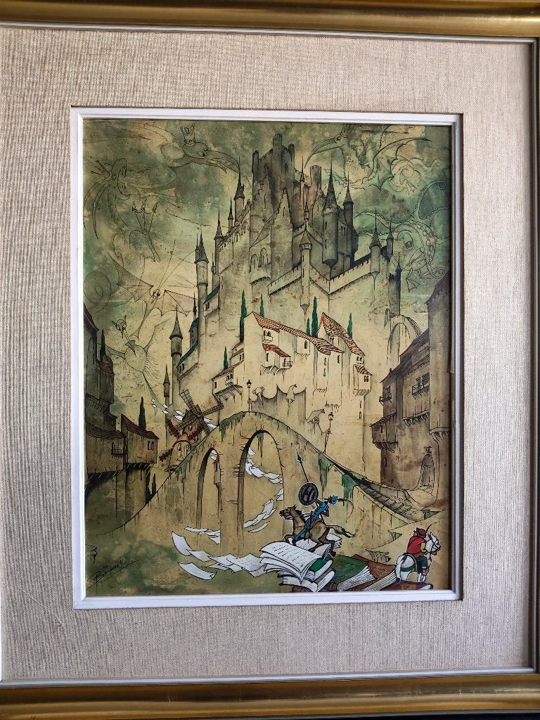 Schilderij Don Quichot, Antiek en Kunst, Kunst | Schilderijen | Klassiek, Stads- / dorpsgezicht, Surrealisme, Olieverf, Paneel