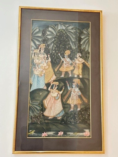 Indisch schilderij op textiel met vergulde houten lijst, Schilderij, India, 103 cm, Ophalen