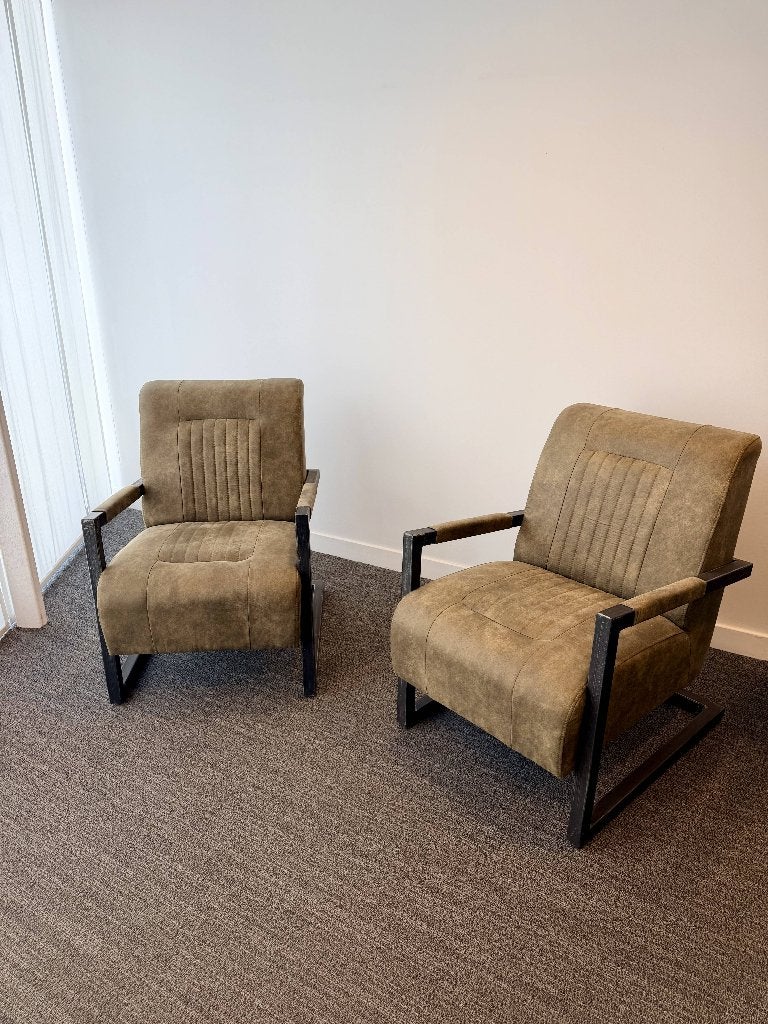 2 leren industriële fauteuils olijfgroen, Ophalen, Zo goed als nieuw, Leer, Industrieel