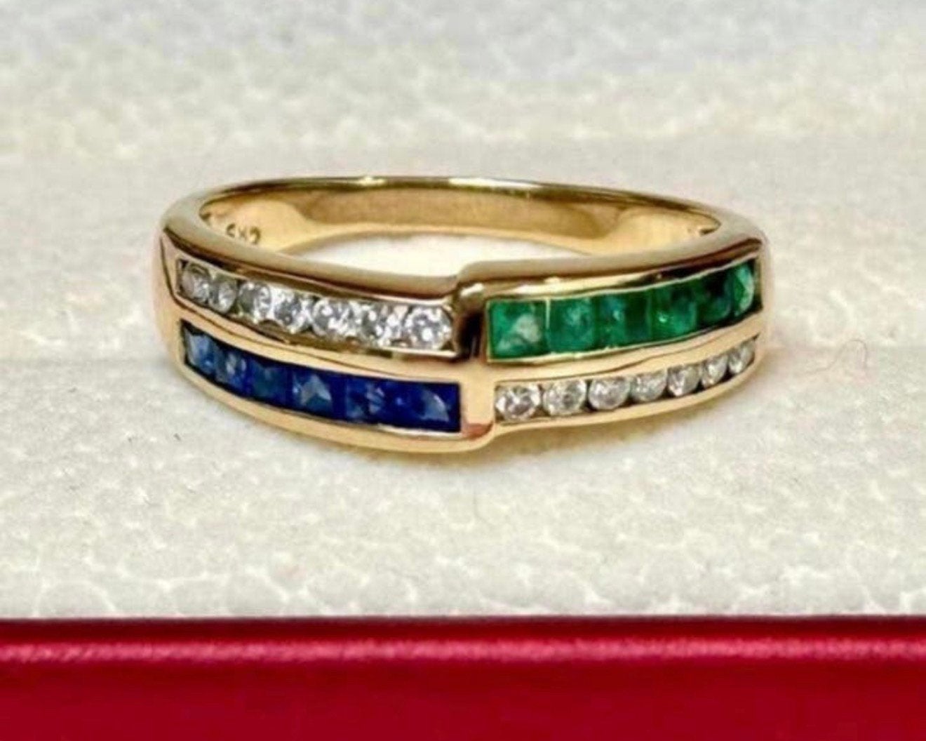 Geel gouden ring met natuurlijke diamant, saffier, smaragd!, 18 tot 19, Geel, Ophalen of Verzenden, Met edelsteen