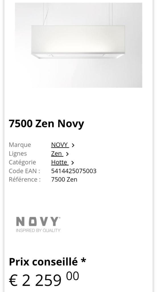 Hotte pour îlot central NOVY Zen 7500, Enlèvement, Utilisé