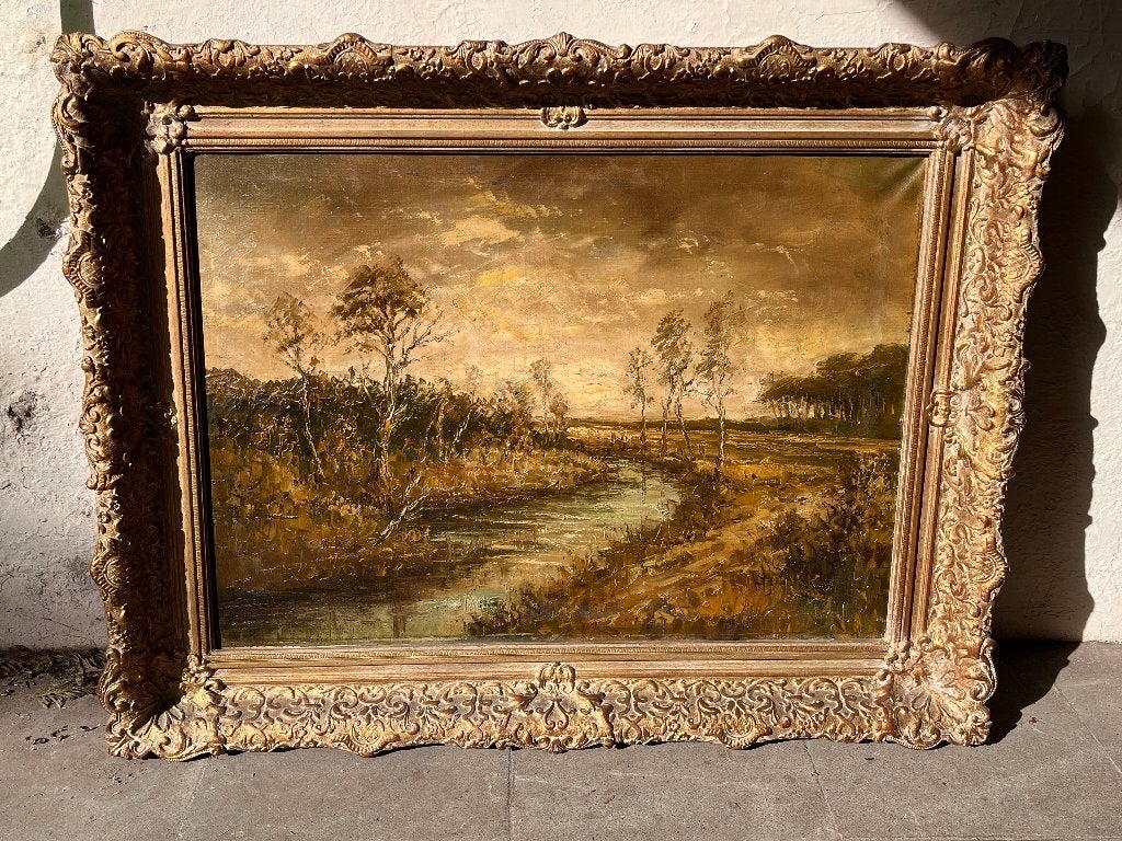 Landschap, Antiek en Kunst, Kunst | Schilderijen | Klassiek, Ophalen, Doek, Bijzondere lijst, Landschap