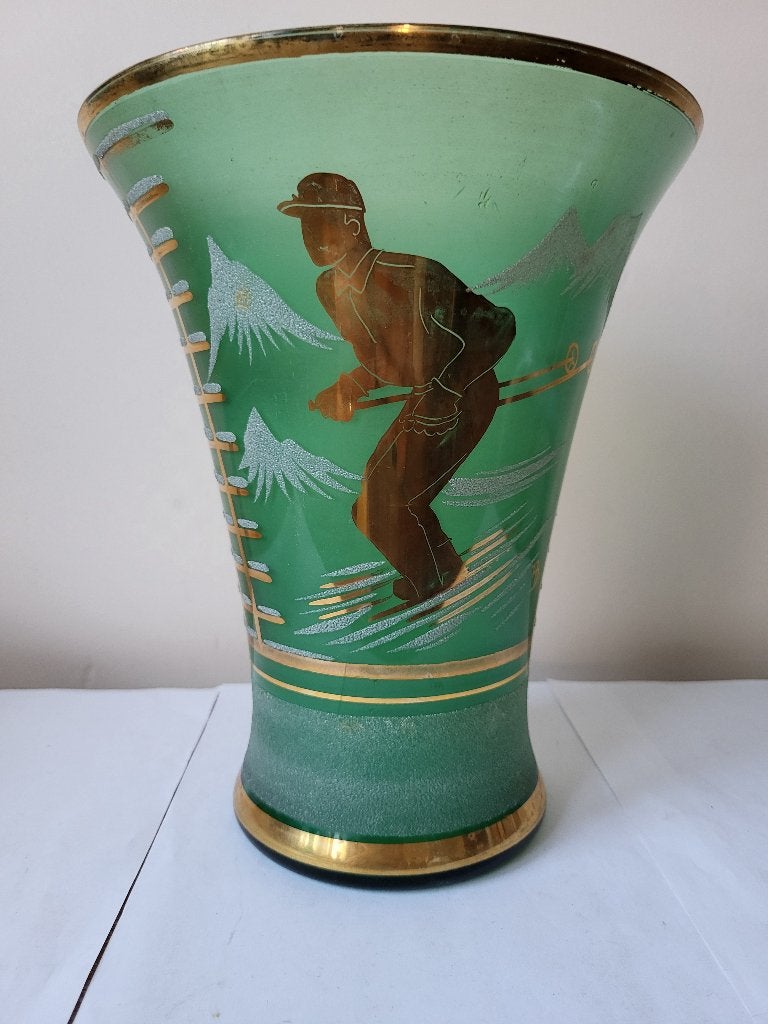 Vase Art Déco – Décor "Skieurs" - A. Dengis / Verrerie Doyen, Antiquités & Art, Enlèvement ou Envoi