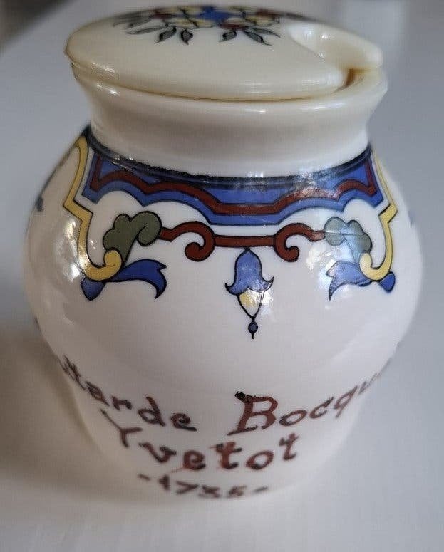 Oud Frans opaline mosterpotje, Moutarde Rocquet Yvetot, Ophalen of Verzenden