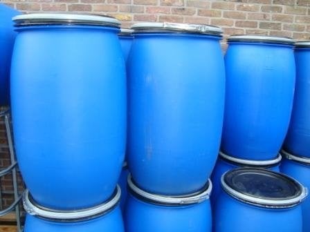 Fûts bleus, fûts de 120 L avec couvercle et bague de serrage, Jardin & Terrasse, Barils de pluie, Comme neuf, Synthétique, 75 à 150 litres