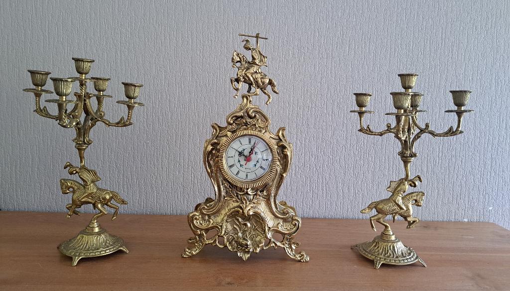 Messing  Franse klok en 2 kandelaars vintage, Ophalen