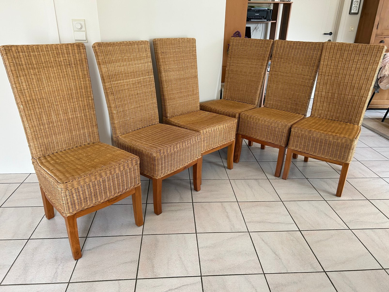 6 rieten stoelen, Huis en Inrichting, Ophalen, Gebruikt, Bruin, Riet of Rotan