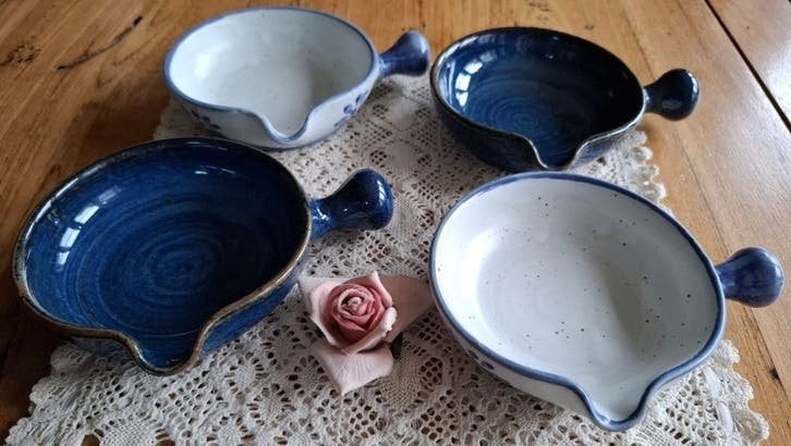 4 Blauwe Franse potterie schaaltjes, gres de Cressensac, -, Poterie, Comme neuf, Autres types