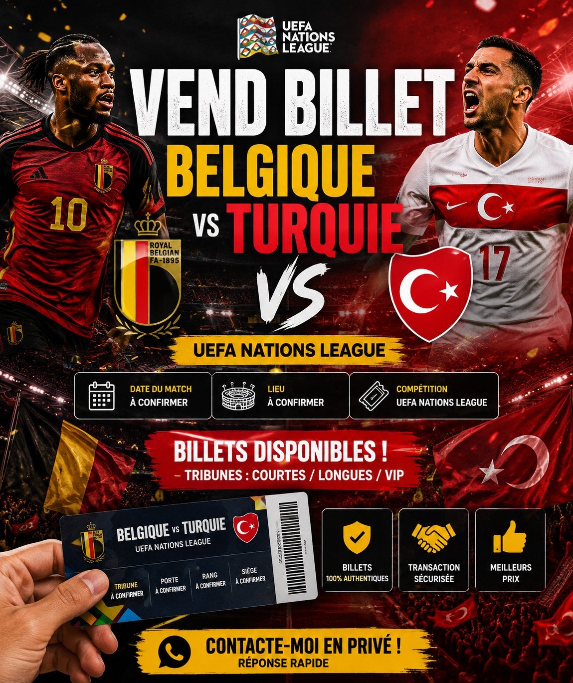 Vend billet match de foot Belgique vs Turquie, Tickets en Kaartjes, Evenementen en Festivals, Drie personen of meer