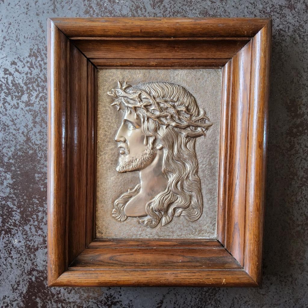 Christus met doornenkroon ingelijst in bruin houten kader, Antiek en Kunst, Ophalen of Verzenden