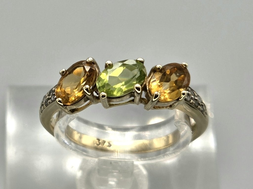 Gouden Vintage ring citrien en peridot en diamant. 2026/650, Ophalen of Verzenden, Goud, Ring, Met edelsteen