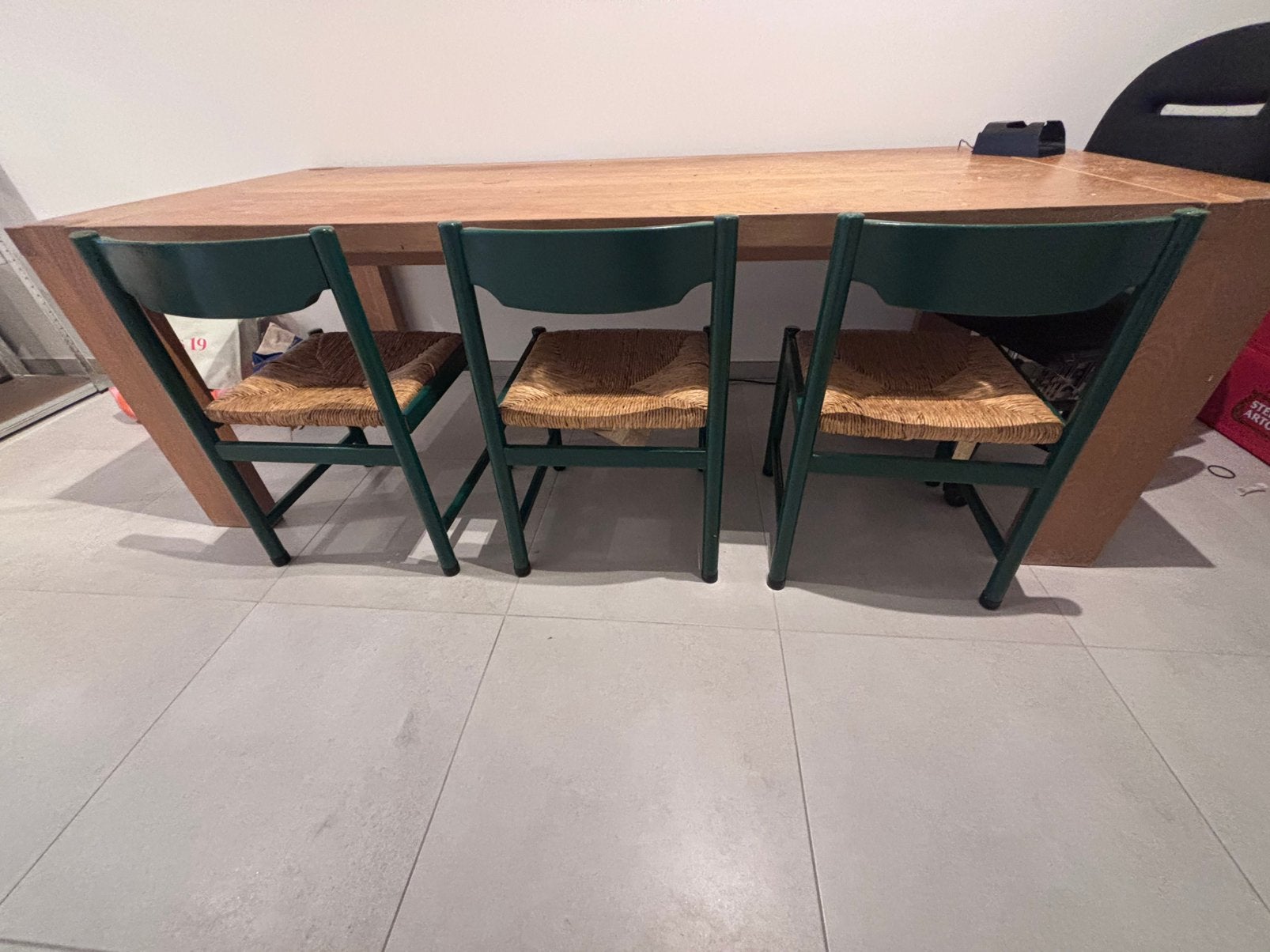 3 groene stoelen met rieten zitvlak, Huis en Inrichting, Ophalen, Gebruikt, Drie