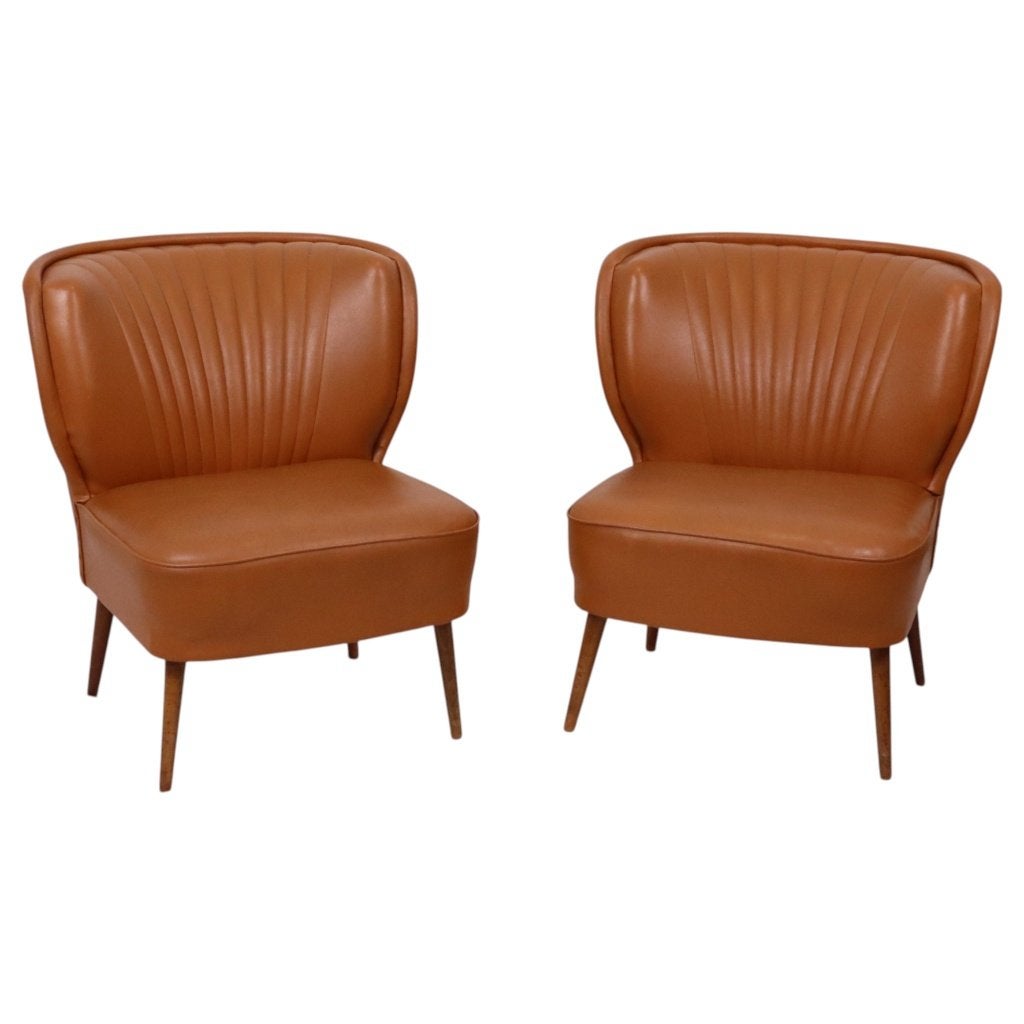 Koppel Vintage Expo 58 Cocktail Zetels Cognac Skai Sixties, Huis en Inrichting, Fauteuils, Ophalen, Gebruikt, Nvt, Nvt