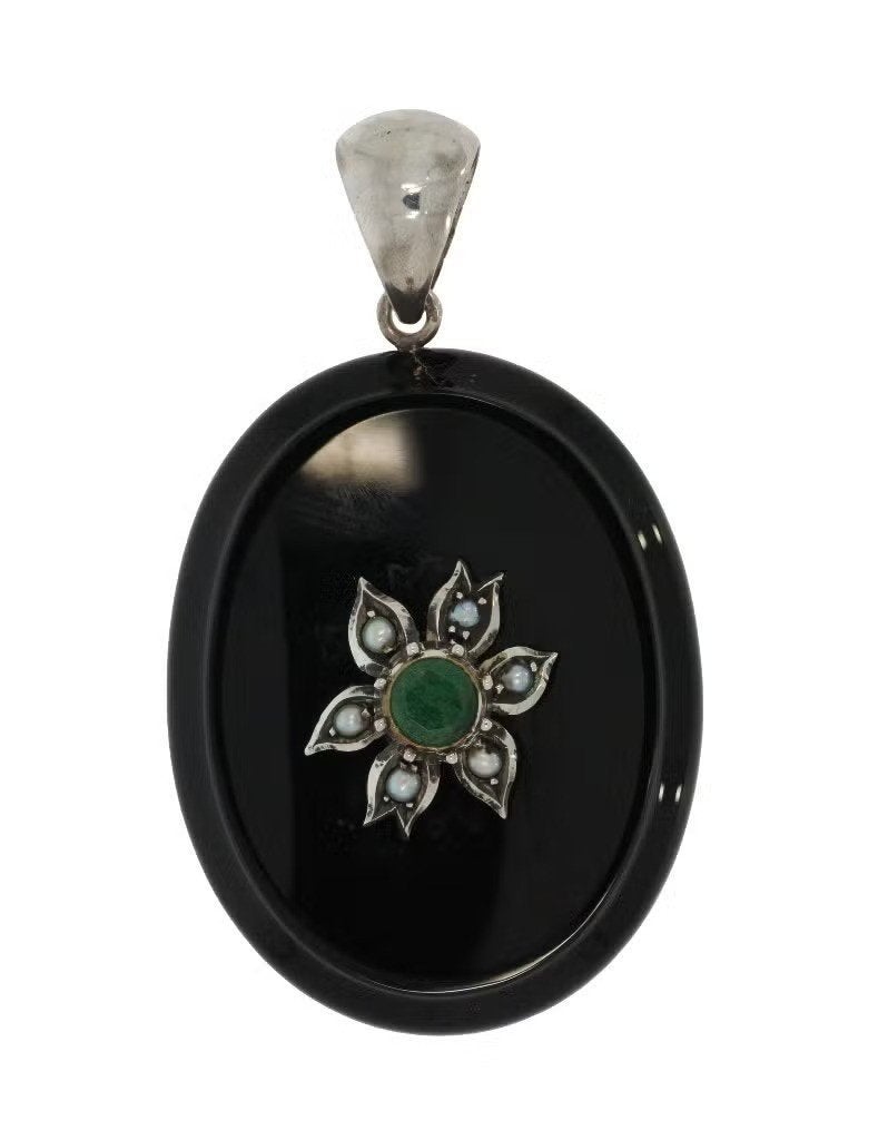 Smaragd antiek grote 14k gouden ketting hanger onyx bloem, Ophalen of Verzenden, Hanger, Met edelsteen