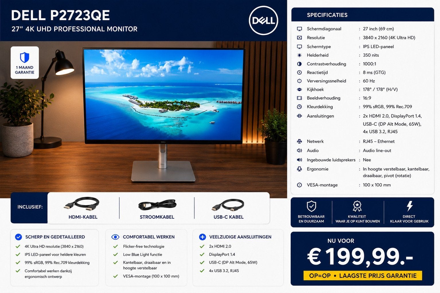 🔥Dell P2723QE 27" inch 4K UHD IPS Monitor – USB-C 90w✅, Computers en Software, Gaming, IPS, In hoogte verstelbaar, Refurbished