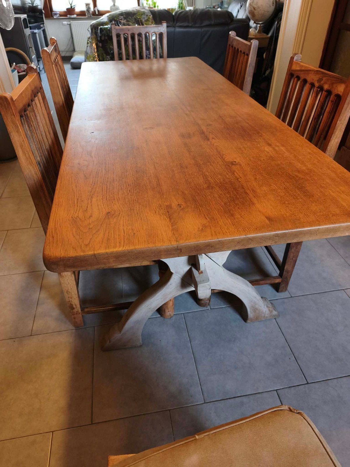 table chêne+6 chaises tecks, Enlèvement, Utilisé, Ancien, 4 à 6 chaises