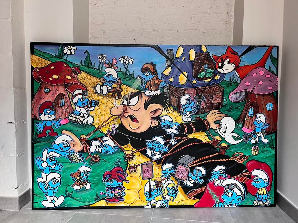 Smurfs Village Schilderij groot 150x100cm, Antiek en Kunst, Kunst | Schilderijen | Modern, Ophalen of Verzenden