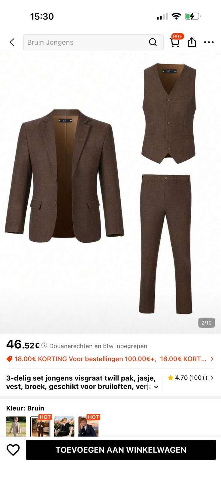 Nieuwe kostuum 16j + gratis een witte hemd en strik erbij., Kleding | Heren, Ophalen, Nieuw, Maat 46 (S) of kleiner, Bruin