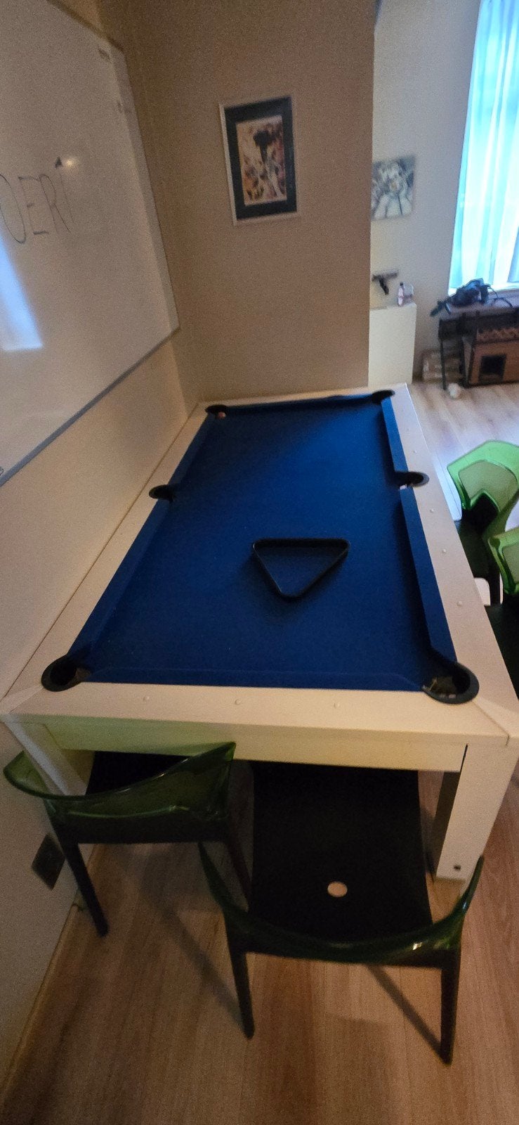 Mooie witte pooltafel/eettafel met blauw laken, Ophalen, Gebruikt, Pooltafel