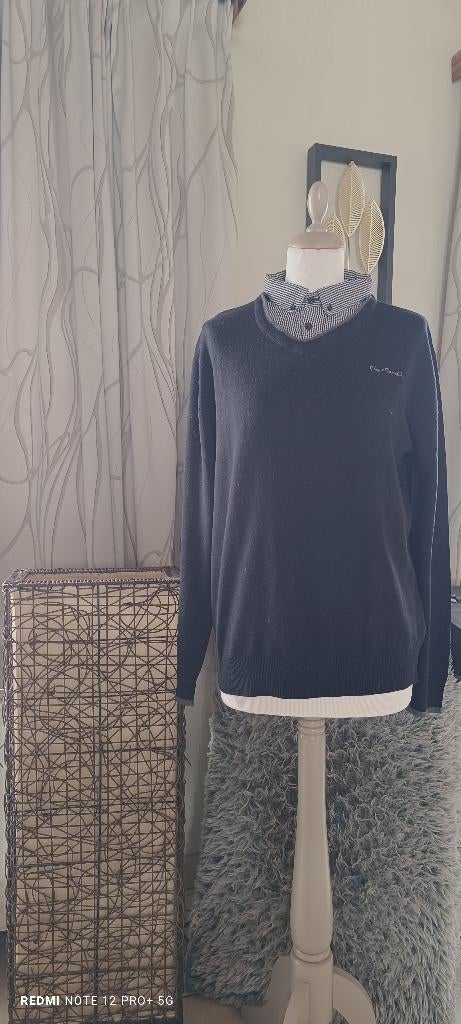 Pull fin avec col chemise noir à carreaux blanc . 😆, Enlèvement ou Envoi, Pierre Cardin, Noir, Taille 52/54 (L)