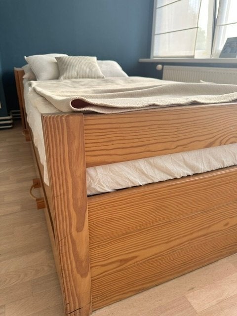 Eenpersoonsbed in naturel hout, Ophalen, Gebruikt, 90 cm, 200 cm