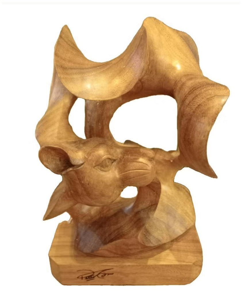 Statue en bois sur socle, double face., Antiquités & Art, Enlèvement ou Envoi, Sur socle, Bois, Sculpture sur bois